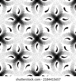 Floral geometric seamless pattern with dotted loop lines. Stylish ornamental monochrome background with flower petals