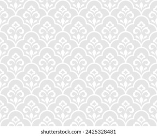 Floral geometric seamless pattern. Gray and white ornament. Fabric for ornament, wallpaper, packaging, vector background.