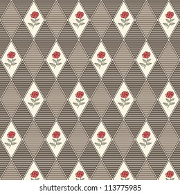 Floral geometric seamless pattern on chocolate background with repeating roses
