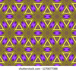Floral Geometric Seamless Pattern With Geometric Ornament. Vector Illustration. For Fabric, Textile, Bandana, Scarg, Colored Print. Purple, yellow color.