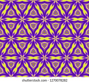Floral Geometric Seamless Pattern With Geometric Ornament. Vector Illustration. For Fabric, Textile, Bandana, Scarf, Colored Print. Purple, yellow color.