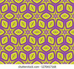 Floral Geometric Seamless Pattern With Geometric Ornament. Vector Illustration. For Fabric, Textile, Bandana, Scarg, Colored Print. Purple, yellow color.