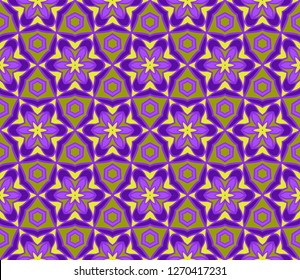 Floral Geometric Seamless Pattern With Geometric Ornament. Vector Illustration. For Fabric, Textile, Bandana, Scarg, Colored Print. Purple, yellow color.