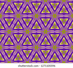 Floral Geometric Seamless Pattern With Geometric Ornament. Vector Illustration. For Fabric, Textile, Bandana, Scarg, Colored Print. Purple, yellow color.