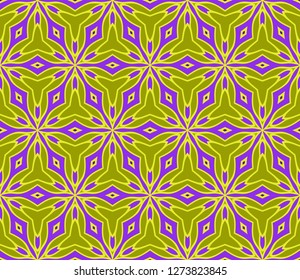 Floral Geometric Seamless Pattern With Geometric Ornament. Vector Illustration. For Fabric, Textile, Bandana, Scarg, Colored Print. Purple, yellow color.