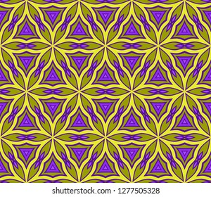 Floral Geometric Seamless Pattern With Geometric Ornament. Vector Illustration. For Fabric, Textile, Bandana, Scarg, Colored Print. Purple, yellow color.