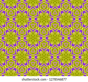 Floral Geometric Seamless Pattern With Geometric Ornament. Vector Illustration. For Fabric, Textile, Bandana, Scarg, Colored Print. Purple, yellow color.