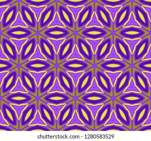 Floral Geometric Seamless Pattern With Geometric Ornament. Vector Illustration. For Fabric, Textile, Bandana, Scarg, Colored Print. Purple, yellow color.