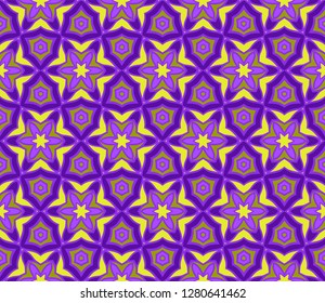 Floral Geometric Seamless Pattern With Geometric Ornament. Vector Illustration. For Fabric, Textile, Bandana, Scarg, Colored Print. Purple, yellow color.