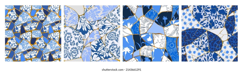 Floral geometric seamless pattern set with cracked ceramic tile texture. Kintsugi style background. Japanese technique with broken pieces glued with gold. Mosaic ornament overlay on flower silhouettes