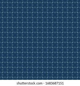 Floral geometric seamless pattern. Simple minimal vector ornament with small diamonds, flower shapes, grid. Elegant minimalist background. Subtle texture in dark blue color. Repeated geo design