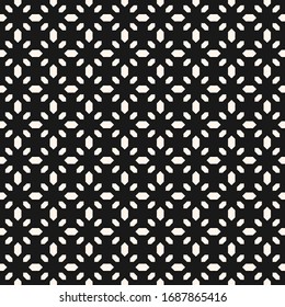 Floral geometric seamless pattern. Simple minimal vector ornament with small flower shapes, diamonds. Subtle minimalist background. Black and white texture. Dark repeat design for print, wallpapers