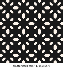 Floral geometric seamless pattern. Simple minimal vector ornament with small flower shapes, diamonds. Elegant minimalist background. Black and white texture. Dark repeat design for print, wallpaper