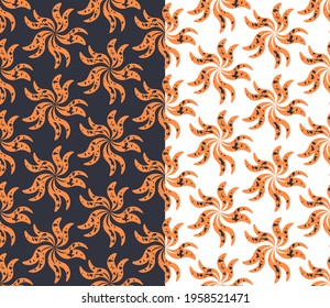 Floral geometric seamless pattern, twist simple flower shape, orange color, grunge texure. Black, white background is  easy to change. Vector