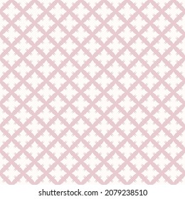 Floral geometric seamless pattern. Vector abstract pink and white ornamental texture with flower silhouettes, crosses, net, grid, lattice. Simple minimal floral ornament. Delicate repeat background