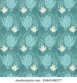 Floral geometric stylized retro abstract seamless pattern. Flowers elements floating in water tiled endless background. Simple botanic loop ornament. Vector flat hand drawn illustration.