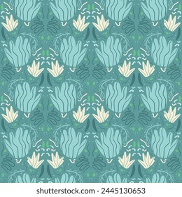Floral geometric stylized retro abstract seamless pattern. Flowers elements tiled endless background. Simple botanic loop ornament. Vector flat hand drawn illustration.