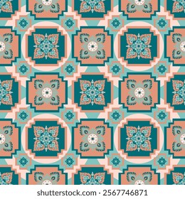 Floral Geometric Tile Pattern - Symmetrical Retro Design in Coral, Teal, and Aqua Tones for Wallpapers, Textiles, Home Décor, and Digital Art Projects