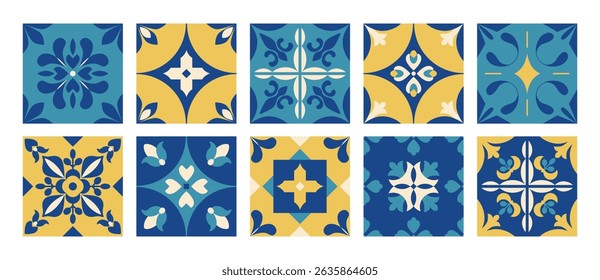 Floral geometric tiles and squares. Azulejo. Abstract mosaic shapes. Mediterranean background and pattern. Floor interior design. Vector.
