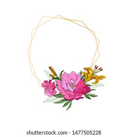 Floral geometric vector design frame with peony flowers and lily. Botanical art.