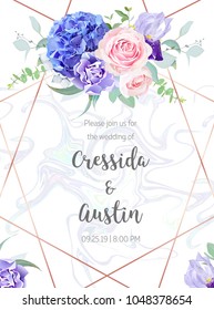 Floral geometric vector design frame.Pink rose, blue hydrangea, purple carnation,iris,eucalyptus, greenery. Spring wedding card. Art deco style.Gold line art with holographic marbled texture.Editable.