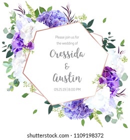 Floral geometric vector design frame.Violet and white hydrangea, purple iris, seeded eucalyptus, agonis, greenery. Wedding card. Art deco style. Gold line art. All elements are isolated and editable