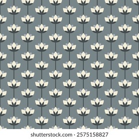 Floral geometrical abstract seamless pattern. Decorative flower grid. Black white grey vintage colour palette. Graphical ornamental background. Cute vector illustration