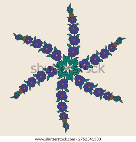 Floral geometrical decor. Six point star shape with blooming branches. Folk style. Ottoman Turkish ethnic motif,