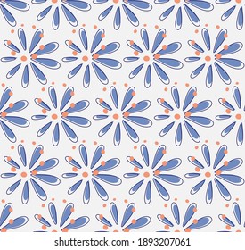 Floral geometrical grid seamless pattern, chamomile flower, dot shapes. Blue, pink pastel color palette. White color background. Vector 