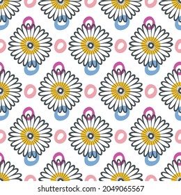 Blumenvektorgeometrisch nahtloses Muster. Handgezeichnete Pinselstrich-Kamillenblume, dekorative Kreise in pastellfarbener Farbpalette. Weißer, leicht bearbeitbarer Hintergrund