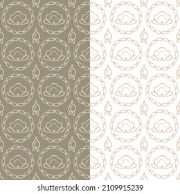 Floral geometrical seamless pattern. Chain shape circle, folk hand drawn flowers in pink color palette. White or beige easy editable color background. Vector