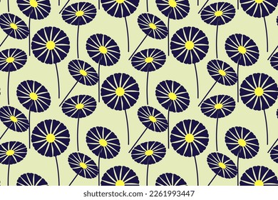 patrón vectorial sin costura floral geométrica sobre fondo amarillo, flores azules