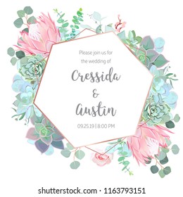 Floral geometrical vector design frame. Blue and mint echeveria succulent, pink protea, rose, eucalyptus, greenery. Wedding card. Art deco style. Gold line art. All elements are isolated and editable