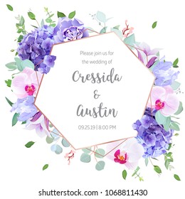 Floral geometrical vector design frame.Violet hydrangea, purple carnation,bellflower, orchid, iris, eucalyptus,greenery.Wedding card.Art deco style.Gold line art.All elements are isolated and editable
