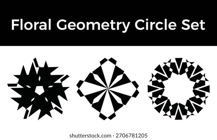 Conjunto de Círculo de Geometria Floral em Preto e Branco - Modelo de Design de Padrões Florais Geométricos, Formas Botânicas Mínimas e Elementos Vetoriais Decorativos Abstratos