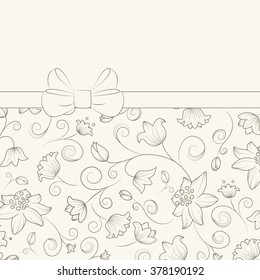 Floral gift box with ribbon bow knot. Tulip and lily flowers. Brown on beige background. Design elements. Vector illustration.