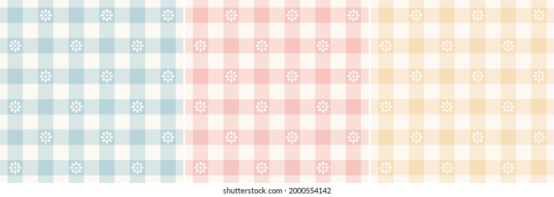 Floral gingham revisado patrón de mantas para las vacaciones de Pascua en azul pastel, rosa, amarillo, blanco roto. Juego de vectores de escote de vichy sin soldadura para vestir, servilleta, toalla, pañuelo, otra impresión de verano de primavera.