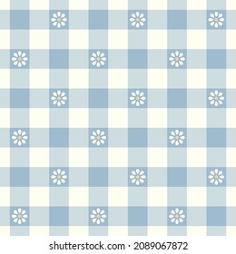 Patrón de rayado de la prueba de gingham floral en azul y blanco. Tartán vichy sin inconveniente con bonitas flores de camomila pequeñas para papel de regalo, vestido, falda, bufanda, mantel, mantel de aceite, otras huellas veraniegas de primavera.