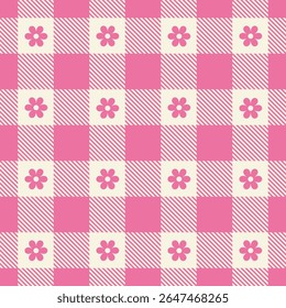 Floral gingham pattern in pink and white background. Seamless vichy chcked plaid with small decorative flowers for tablecloth, dress, skirt, or other modern spring and summer textile print.