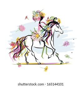 Floral girl on white horse for your design