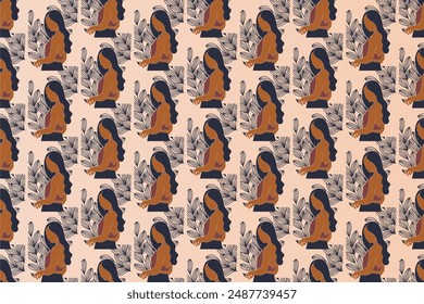 Floral girl seamless pattern illustration background. Botanical seamless pattern background