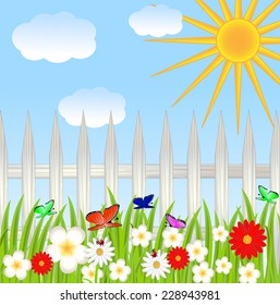 floral glade, blue sky and sun ,vector illustration