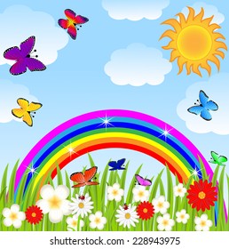 floral glade, butterflies and bright rainbow,  vector  illustration