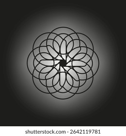 Floral glow icon. Symmetrical petal shape. Black soft background. Vector abstract form.