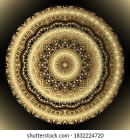 Blumengold 3D Mandala Muster. Goldene Blumen Deco Spitzen-Ornament. Dekorative schöne Oberflächenmuster. Zierlich, Vektorgrafik, die hellglänzt. Ethnischer Hintergrund. Ornate luxuriöses Lackdesign.