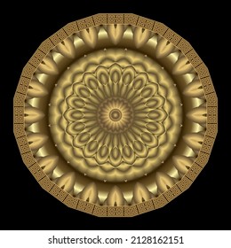 Patrón de manala 3d de oro floral. Marco griego. Fondo del vector ornamental. Fondo étnico tribal. Ornamento fractal geométrico redondo 3d. Formas abstractas, círculos, flores, bordes. Llave griega, serpenteantes.