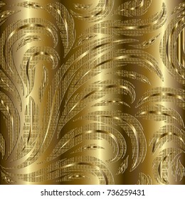 Floral gold 3d seamless pattern. Golden striped flourish background wallpaper illustration with vintage flowers, leaves and luxury ornaments. Vector monochrome surface texture with shadows  highlights