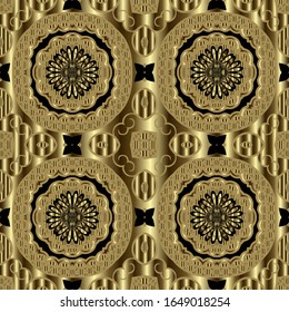 Blütengold 3D Vektorillustration nahtloses Muster. Ethnische Zierstämme im Stammanstil stehen auf höchstem Hintergrund. Texturierte Line Art tracery lacy Ornament. Abstrakte Oberflächenformen, Vintage-Blumen. Wiederholen Sie die arabische Hintergrund.