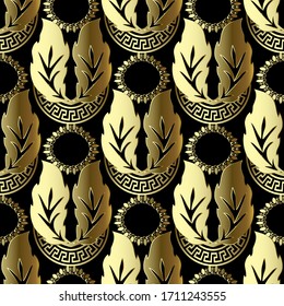 Blütengold 3D Vektorillustration nahtloses Muster. Luxuriöser griechischer Hintergrund. Wiederholen Sie die grüne Farbgebung. Barockstil-Ornamente. Vintage schöne Blumen, Blätter. Circle Frames. Griechische Schlüsselmigranten.