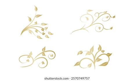floral with gold artistic swirl line design set isolated on white background